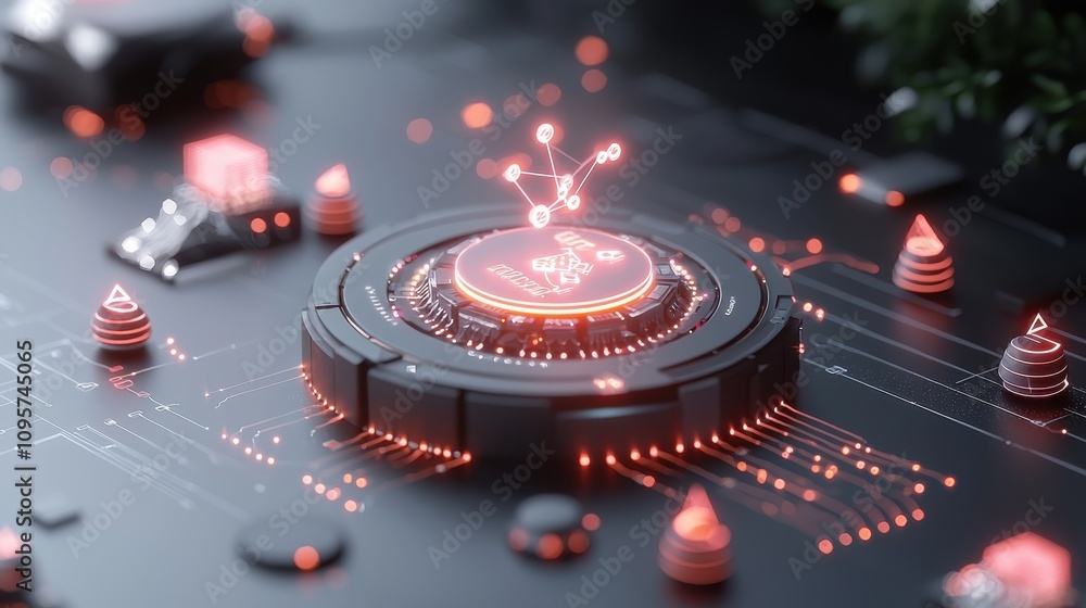 Poster futuristic digital interface with abstract glowing elements, circuits and geometric shapes in a scie