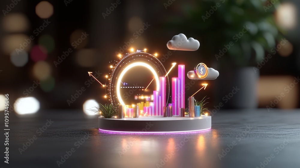 Poster colorful and dynamic 3d financial growth visualization with bar graphs, clouds, and bright elements 