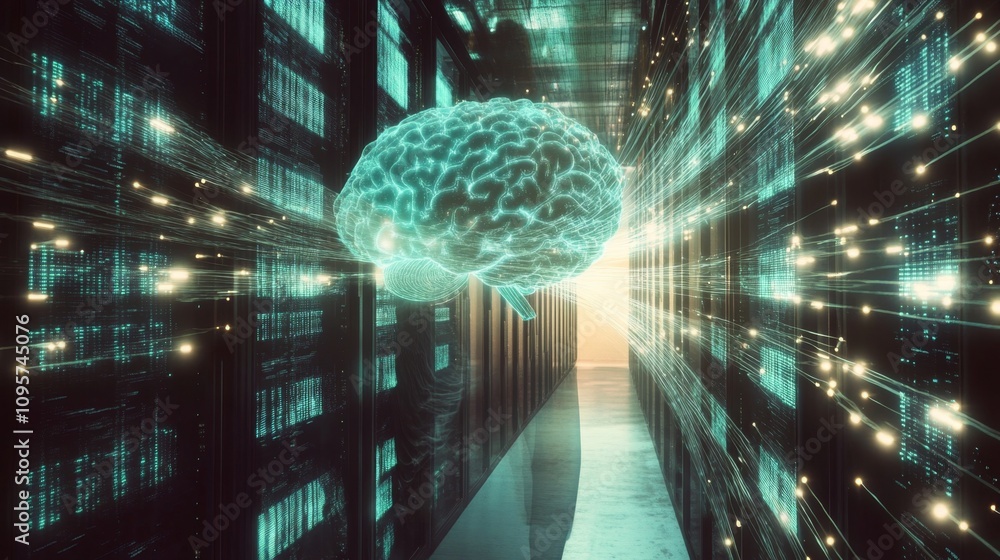 Poster exploring artificial intelligence in data storage digital realm conceptual art futuristic environmen