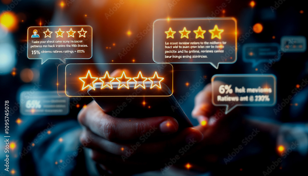 Poster person using a smartphone with a five-star rating system and user reviews overlay, symbolizing onlin
