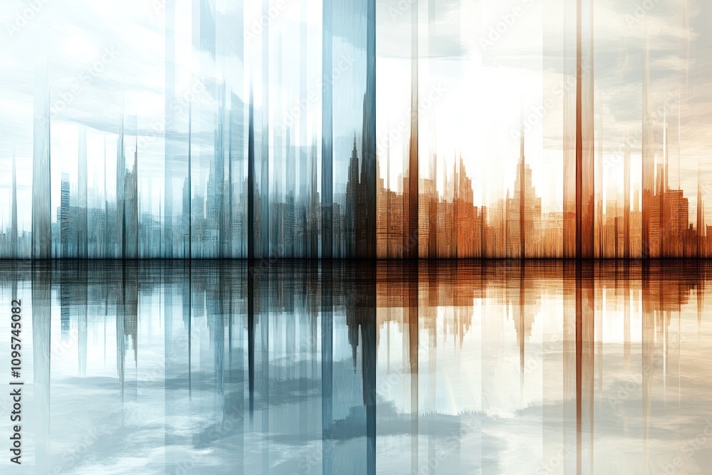 Aufkleber abstract cityscape reflection in blue and orange hues, creating a surreal atmosphere.