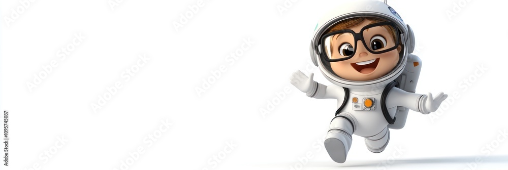 Aufkleber A cheerful cartoon character in a spacesuit, excitedly running in a minimalist space.