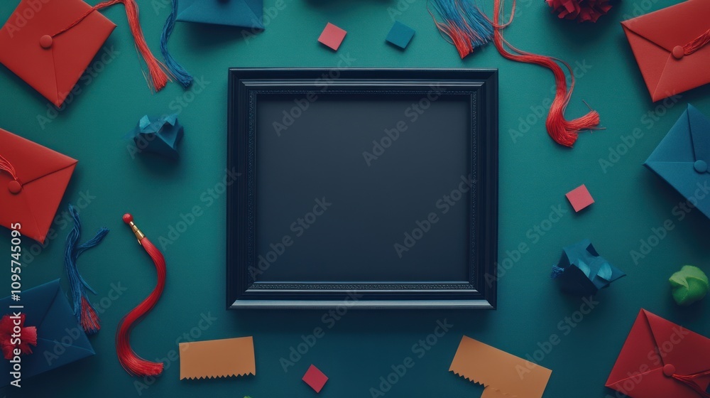 Poster a blank frame surrounded by colorful envelopes and decorative items on a teal background.