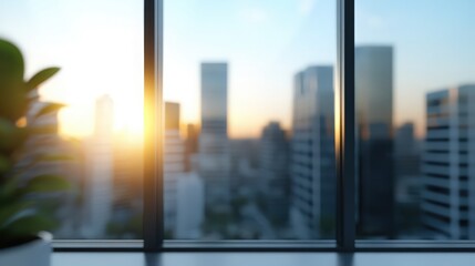 A view of a city skyline with a plant in a window