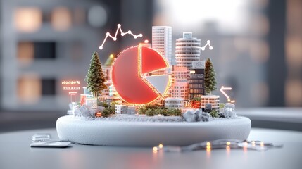 Modern City Landscape with Pie Chart Visuals Symbolizing Economic Growth and Business Analytics in a Creative 3D Representation