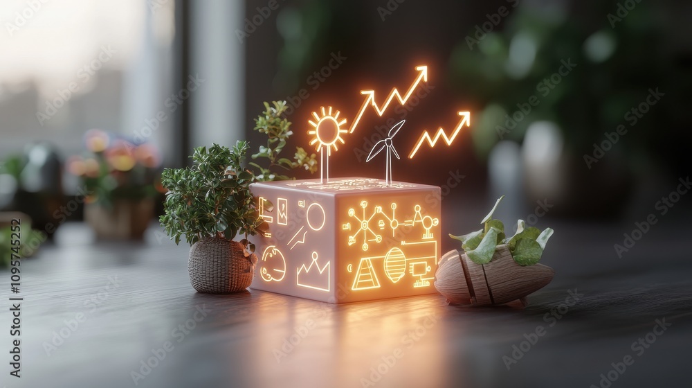 Poster modern concept of sustainable energy with illuminated icons on cube surrounded by greenery and eco-f