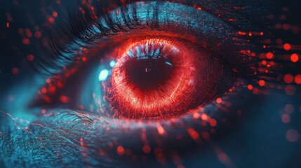 A close-up of a futuristic eye with glowing red and blue elements, suggesting advanced technology.