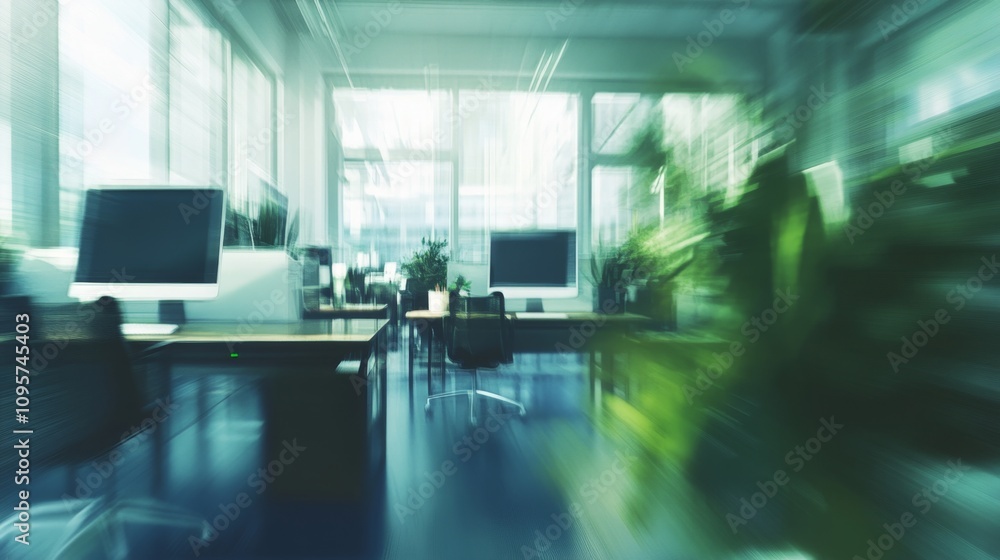 Poster dynamic office environment modern workspace business setting urban location high-angle viewpoint inn