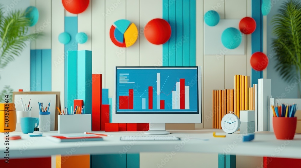 Aufkleber A colorful modern workspace featuring a computer displaying data analytics and vibrant decor.
