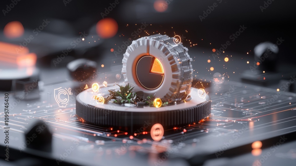 Poster futuristic 3d rendering of a gear-shaped object with glowing elements, surrounded by tiny plants and