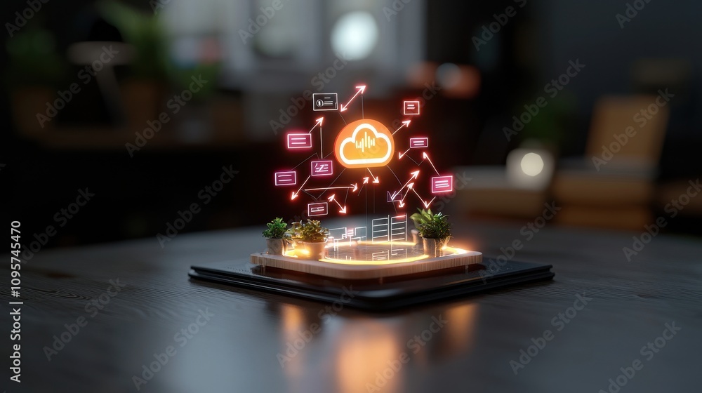 Poster futuristic cloud technology concept with data visualization and digital icons surrounding a small mo