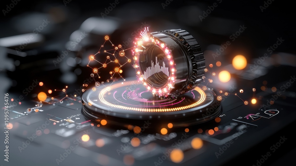 Poster futuristic sound control interface with graphic visualization and digital elements for audio product