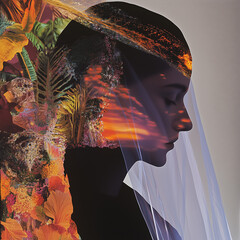 Side Profile with Botanical Overlays and Orange Sunset Layers