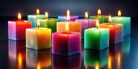 Colorful square candles glowing on a sleek surface, Square, Candles, Burning, Five, Colored, Glowing, Bright