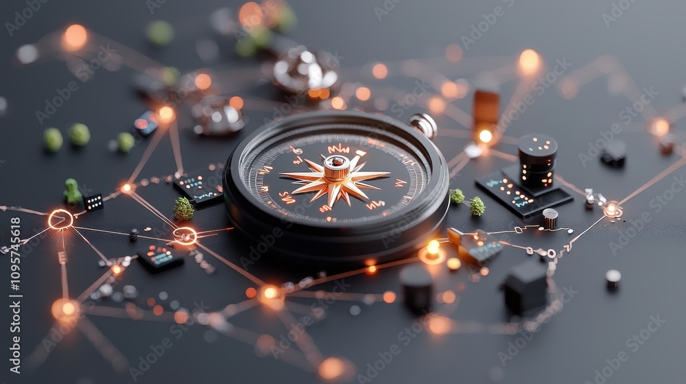 Poster a close-up view of a compass surrounded by a network of nodes and bright lights symbolizing navigati