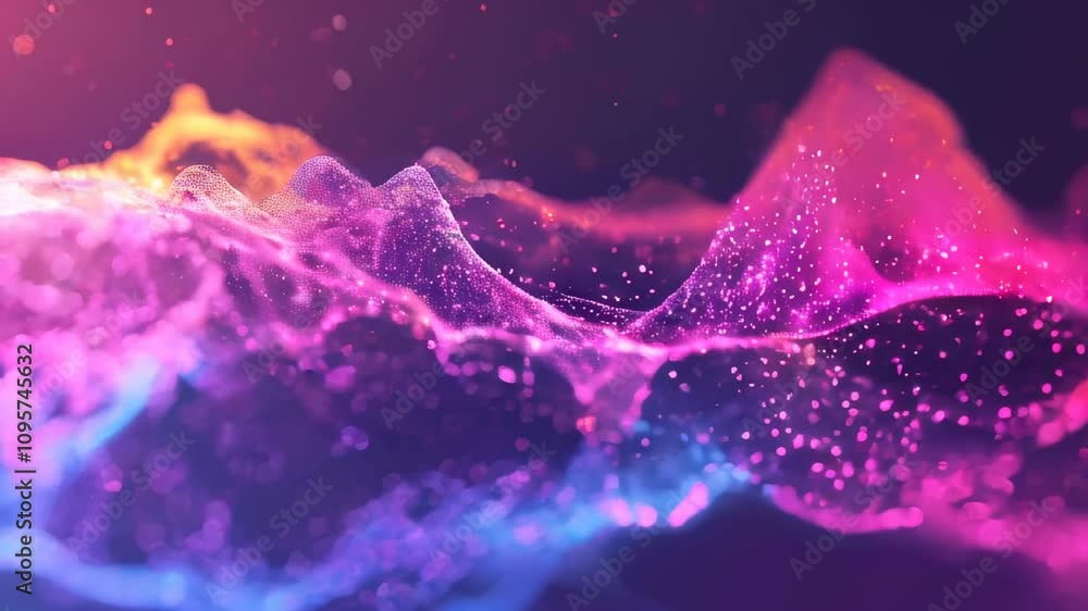 Poster abstract digital waves in pink and purple hues with glowing particles, creating a dynamic, futuristi