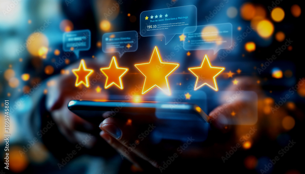 Poster person using a smartphone with a five-star rating system and user reviews overlay, symbolizing onlin