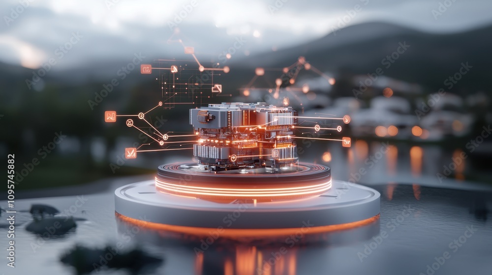Leinwandbilder futuristic digital architecture with data visualization elements on a calm lake setting surrounded b