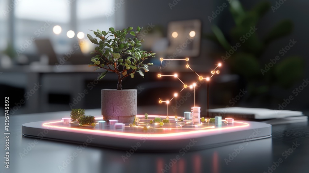Poster modern office with abstract greenery and futuristic graphs representing business growth in a sleek a