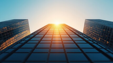 A city skyline with three tall buildings and a sun in the sky