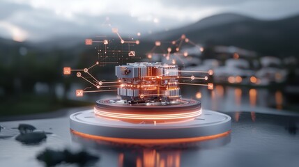 Futuristic Digital Architecture with Data Visualization Elements on a Calm Lake Setting Surrounded by Nature and Mountains