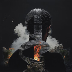 Braided Silhouette with Erupting Volcano and Smokey Sky