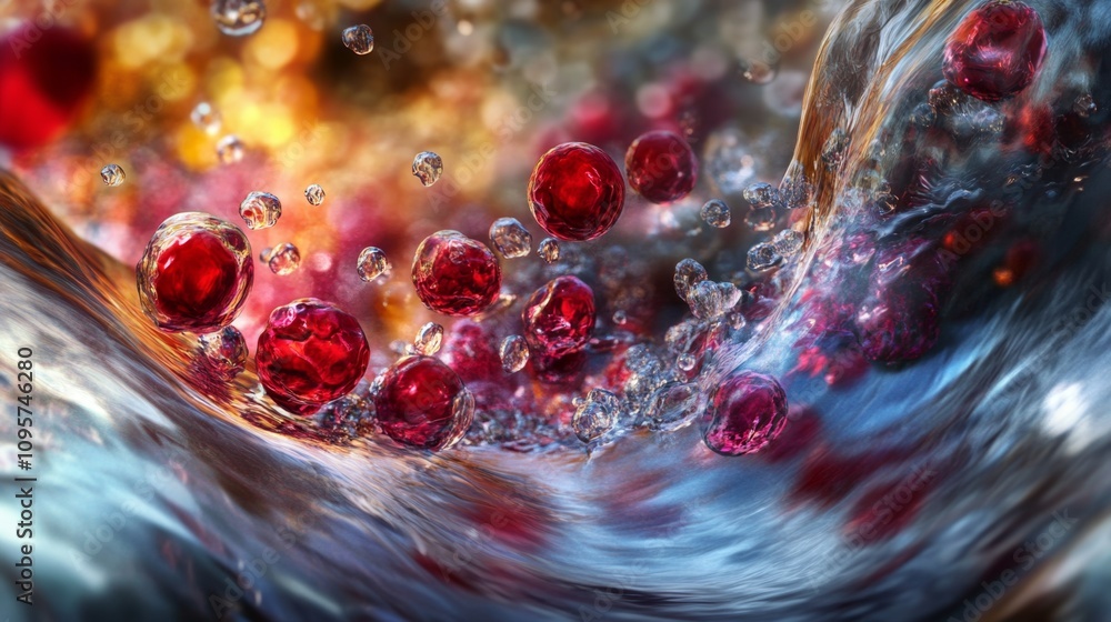 Poster dynamic flow of red particles in water abstract concept digital art vivid environment close-up fluid