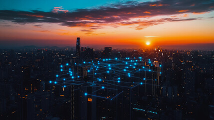 Fototapeta premium Smart digital city with connection Innovation network reciprocity over the sunset cityscape Concept of future wireless digital city and social media networking systems that connects business people