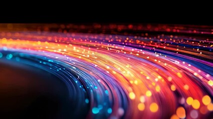 Curving streaks of colorful light create a fiber optic effect against a black background, giving a vibrant and futuristic feel.