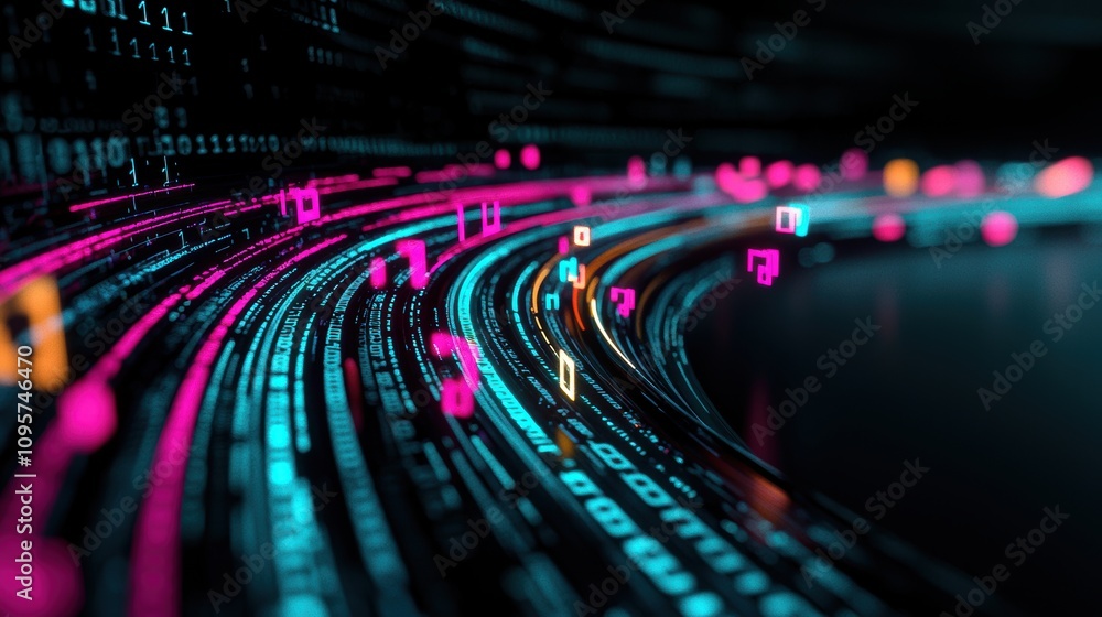 Poster abstract visualization of code with colorful brackets, symbols, and numbers forming a dynamic and co