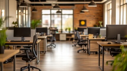 Fototapeta premium Modern office space urban environment interior design productive atmosphere daylight view minimalist concept for work efficiency