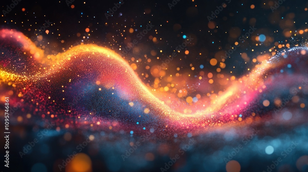 Poster abstract wave of vibrant colors and shimmering particles creating a dynamic visual effect.