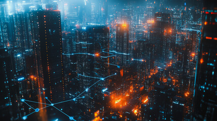 Fototapeta premium Smart digital city with connection Innovation network reciprocity over the sunset cityscape Concept of future wireless digital city and social media networking systems that connects business people