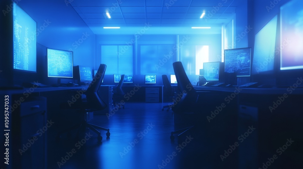 Poster digital workspace setup modern office technology showcase high-tech environment wide-angle view inno