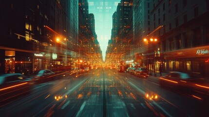 Obraz premium A vibrant city street scene with blurred motion, showcasing urban life and energy.