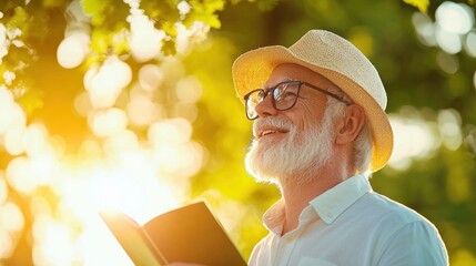 An elderly man smiling confidently as he reviews his retirement savings account statement, feeling secure and prepared for the future.