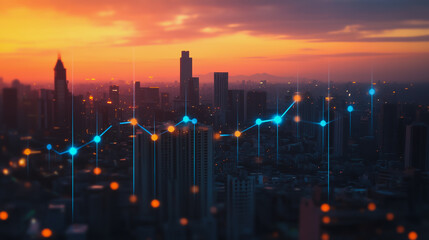 Fototapeta premium Smart digital city with connection Innovation network reciprocity over the sunset cityscape Concept of future wireless digital city and social media networking systems that connects business people