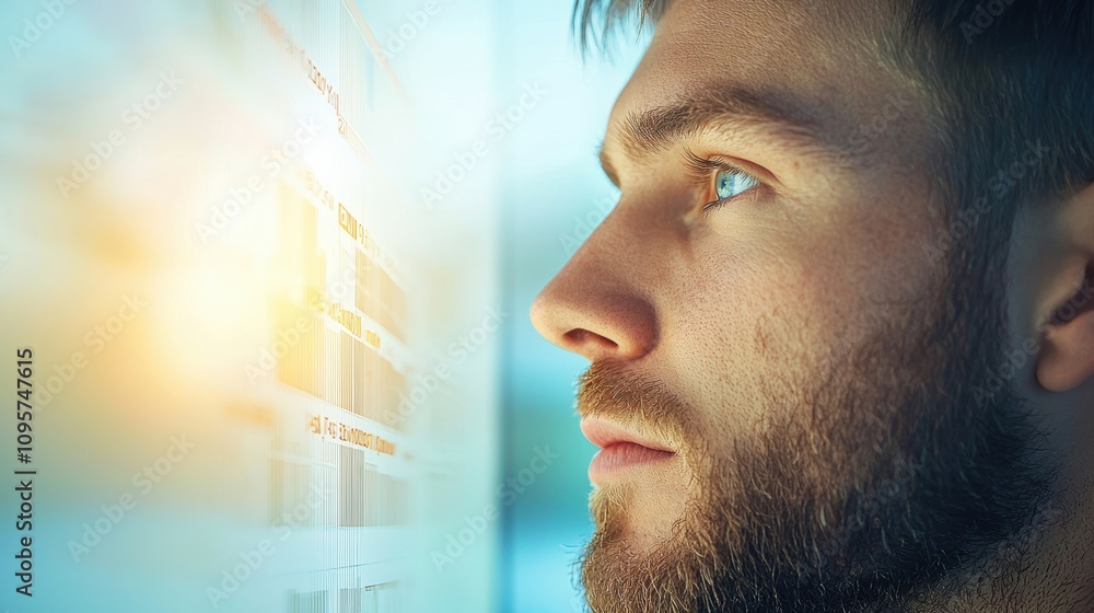 Poster a project manager, wearing a focused expression, reviews a detailed gantt chart on a large monitor, 