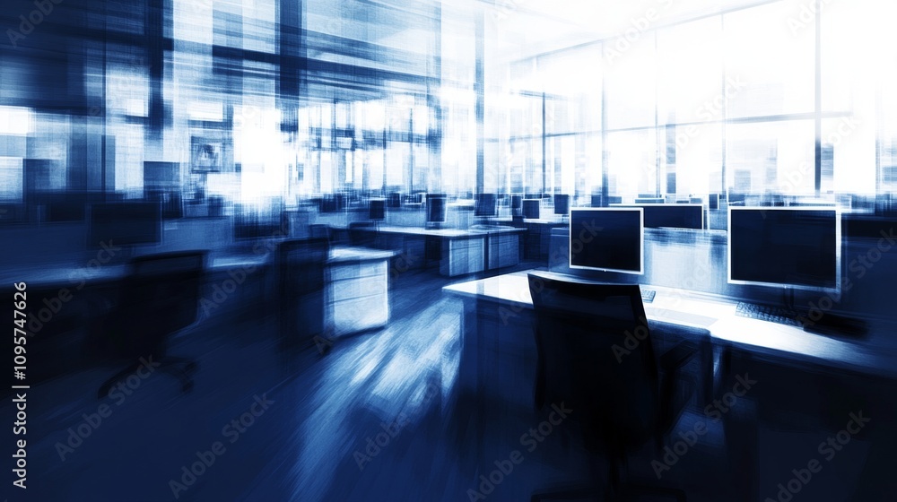 Poster dynamic office environment modern workspace digital technology professional setting high-angle view 