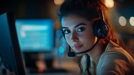 Focused Customer Service Agent at Night in a Busy Call Center. AI Generated