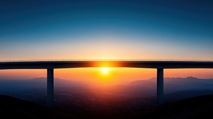 A bridge spans a valley with a beautiful sunset in the background