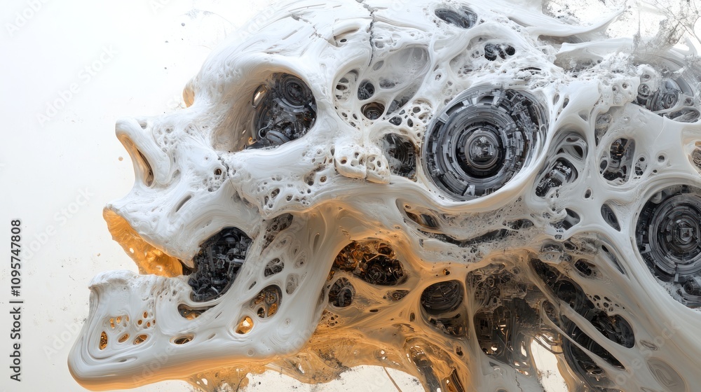 Poster abstract representation of a skull formed from fluid-like textures and mechanical elements.