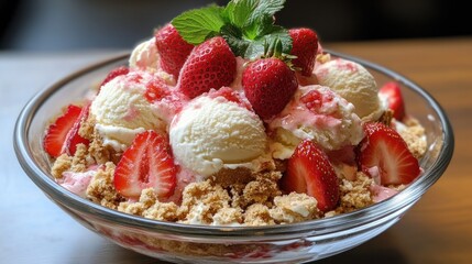A delicious dessert bowl featuring ice cream, strawberries, and crumbled toppings.