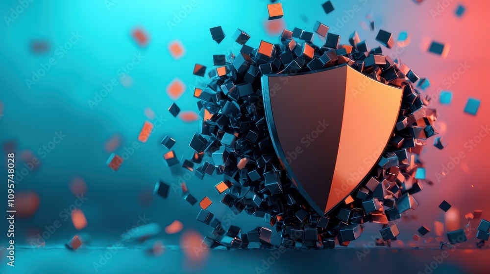 Poster a digital shield deflecting a barrage of malicious code, illustrating the constant battle against cy