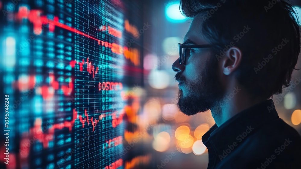 Poster man in glasses analyzing data on a large screen at night.