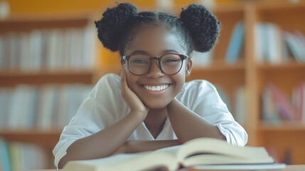 Smiling Student Studying in a Vibrant Library. AI Generated