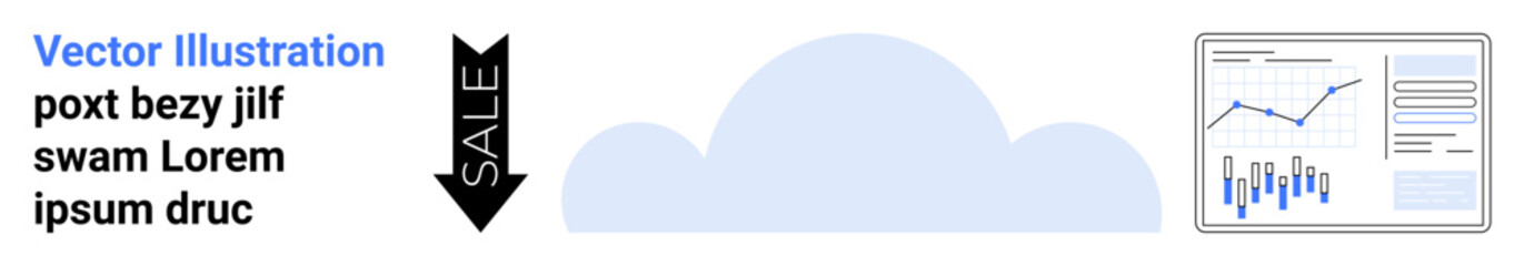 Bar and line graphs with sales metrics, cloud graphic and placeholder text in a minimalist design. Ideal for data analysis, business strategy, and sales performance. Useful for marketing, technology