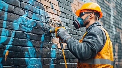 Graffiti Removal Worker Using Drill on Brick Wall, Urban Scene. AI Generated