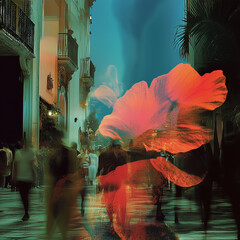 Red Flower Overlay on Blurred Cityscape with Dreamlike Motion