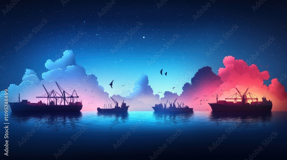 Poster a bustling port at twilight, with cranes loading and unloading cargo ships, their towering structure